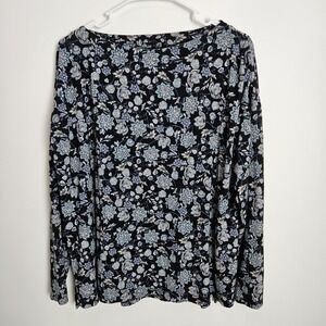 J. Jill Luxe Supima Boat Neck Tee Sz L Long Sleeve Jersey Knit Black Blue Floral